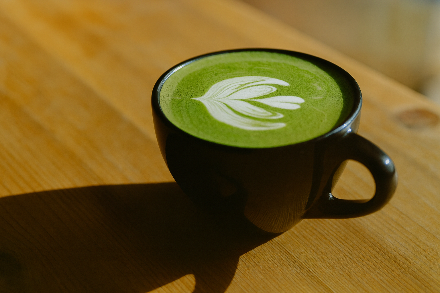 Taza de matcha latte con arte en espuma en una mesa de madera, bebida japonesa premium de té verde en polvo.