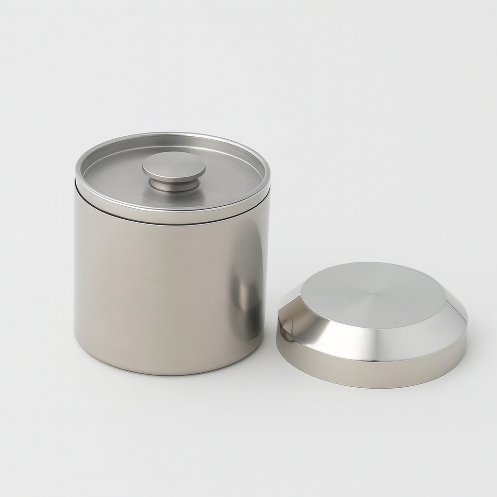 Stainless steel canister with double lid, minimalist Japanese design to preserve matcha and loose-leaf tea freshness | Lata de acero inoxidable con tapa doble para conservar té matcha y hojas de té frescas.