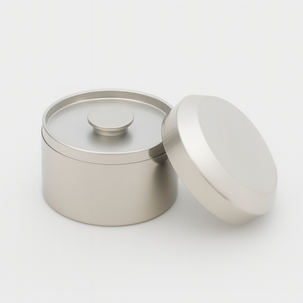 Stainless steel canister with double lid, minimalist Japanese design to preserve matcha and loose-leaf tea freshness | Lata de acero inoxidable con tapa doble para conservar té matcha y hojas de té frescas.