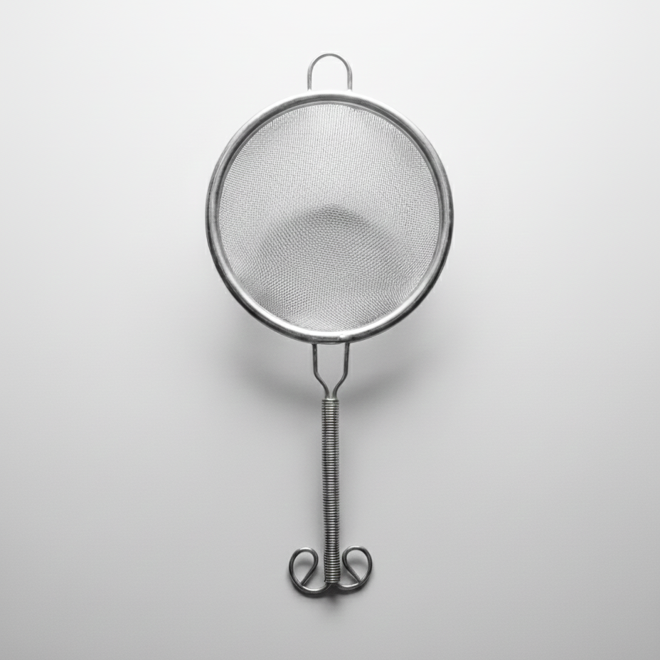Stainless steel matcha sifter with fine mesh, photographed from above on a light grey background.