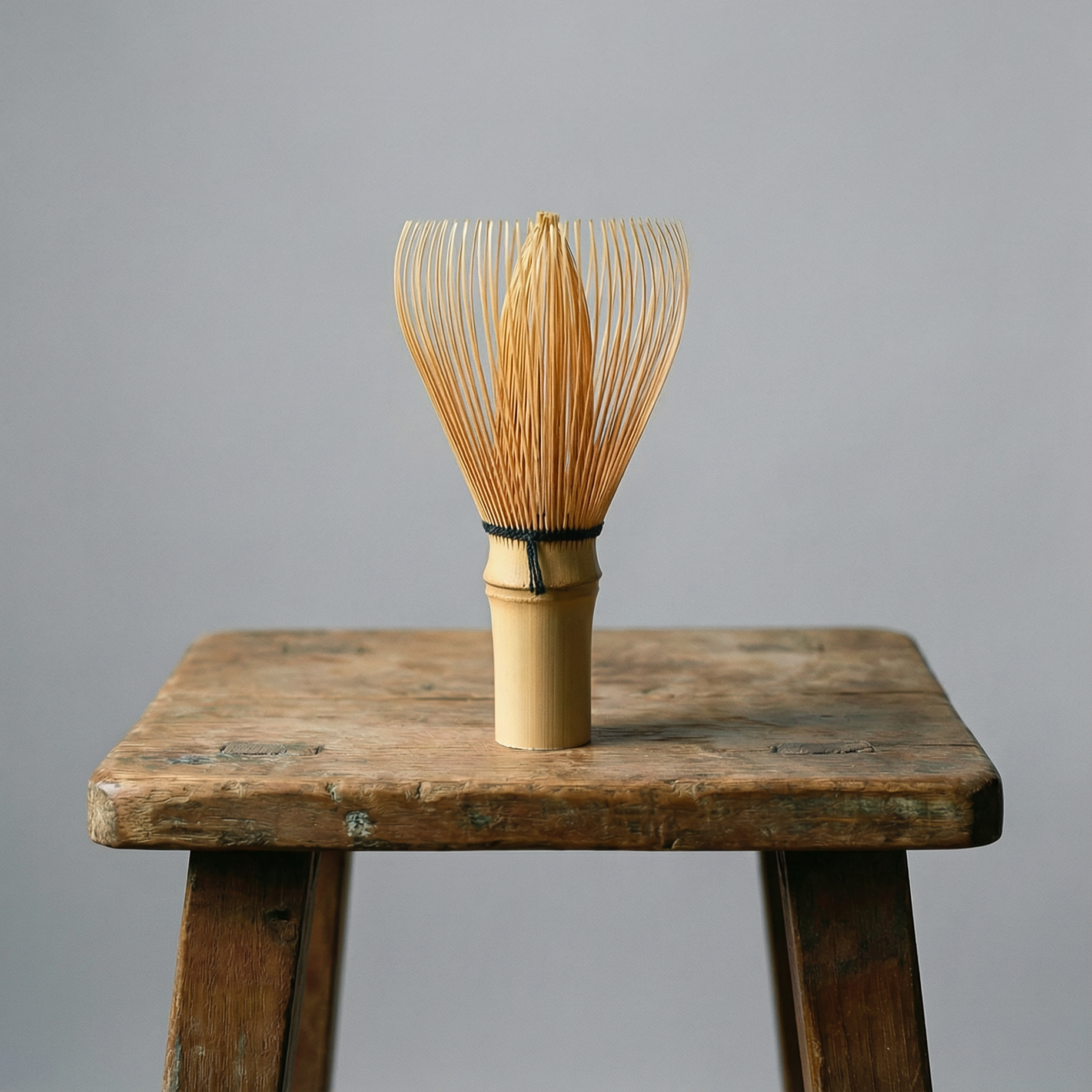 Traditional Japanese bamboo chasen for matcha preparation, photographed on a clean light grey background.