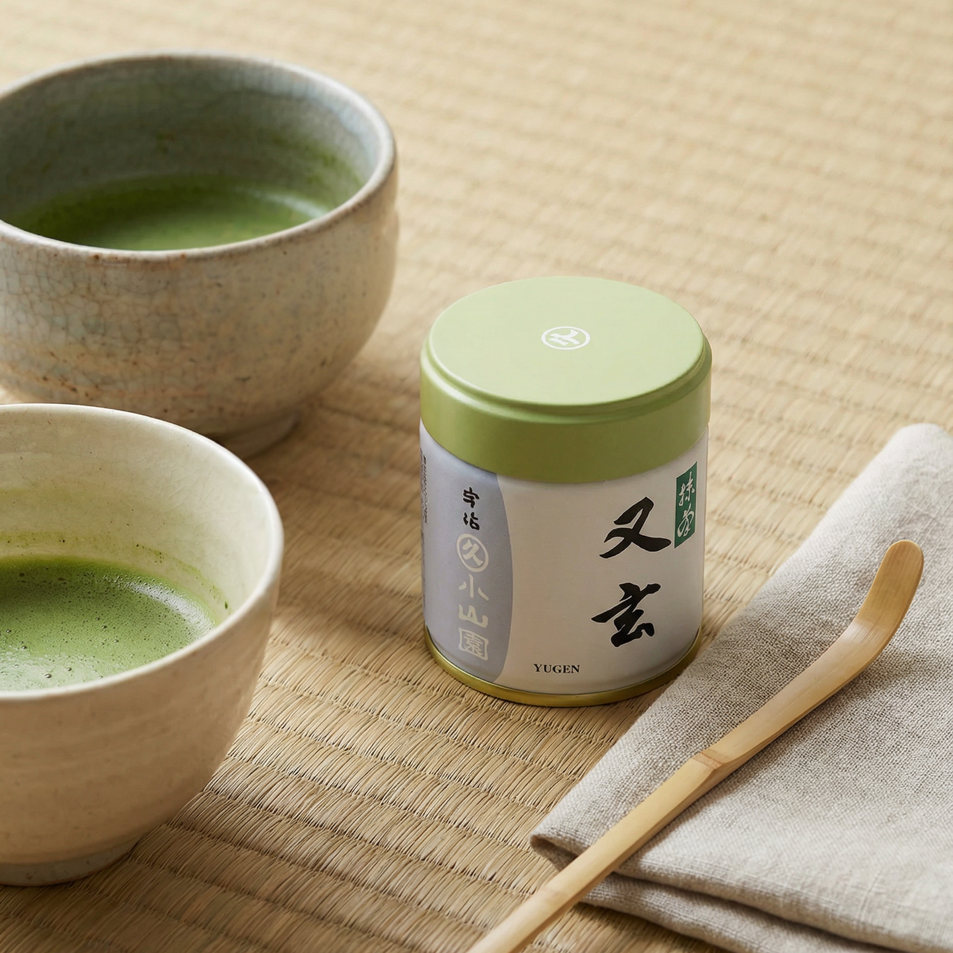 Marukyu Koyamaen Yugen Japanese matcha powder in a 40 g metal tin + tea matcha tools and matcha chawan